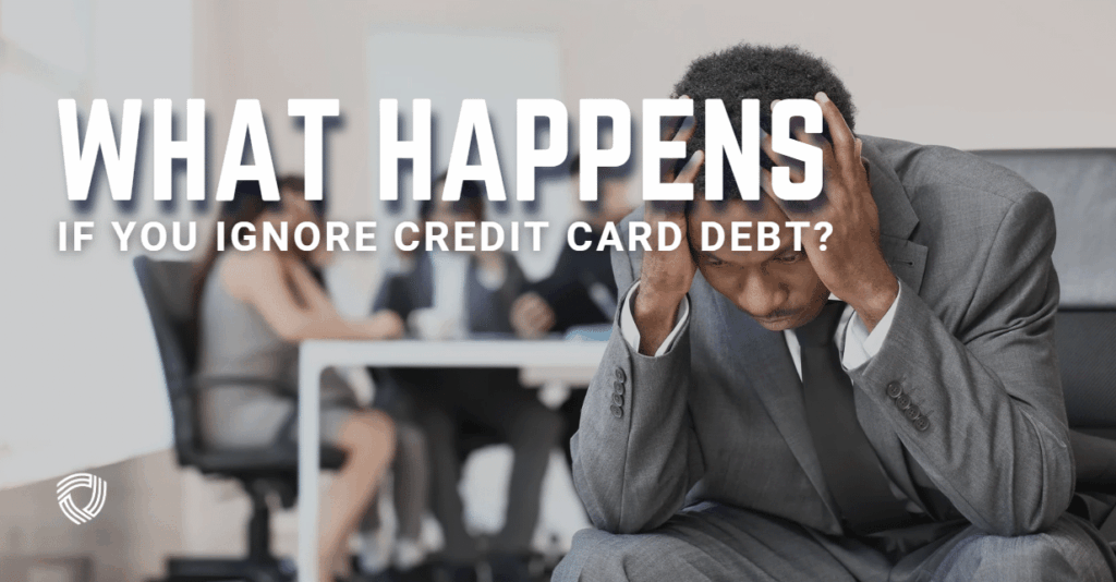 (Stressed man in a suit with his head in his hands, highlighting the emotional and legal consequences of ignoring credit card debt.)
