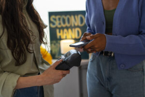Person using a credit card to make a payment at a card terminal.